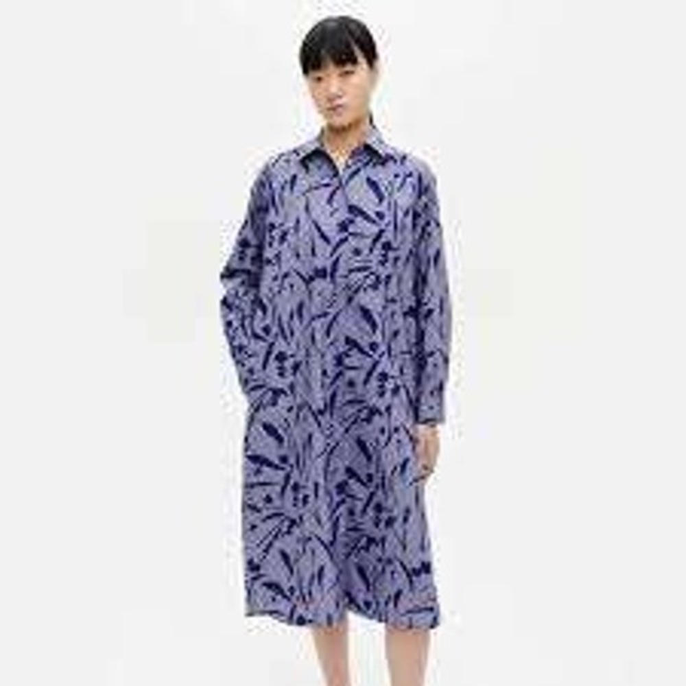 Marimekko Runoelma Keskipäivä Shirt Dress Women's 34 US 4 Blue Cotton